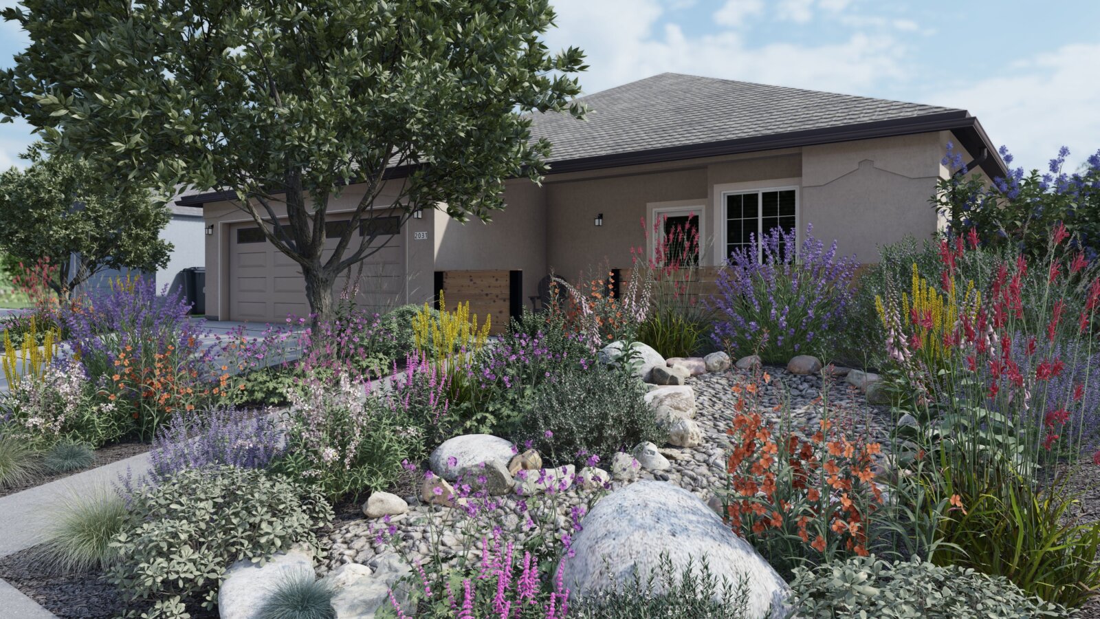 Front yard full of colorful wildflowers, statement boulders, a dry creek bed full of stone -- all in front of a light tan home Front yard full of colorful wildflowers, statement boulders, a dry creek bed full of stone -- all in front of a light tan home
