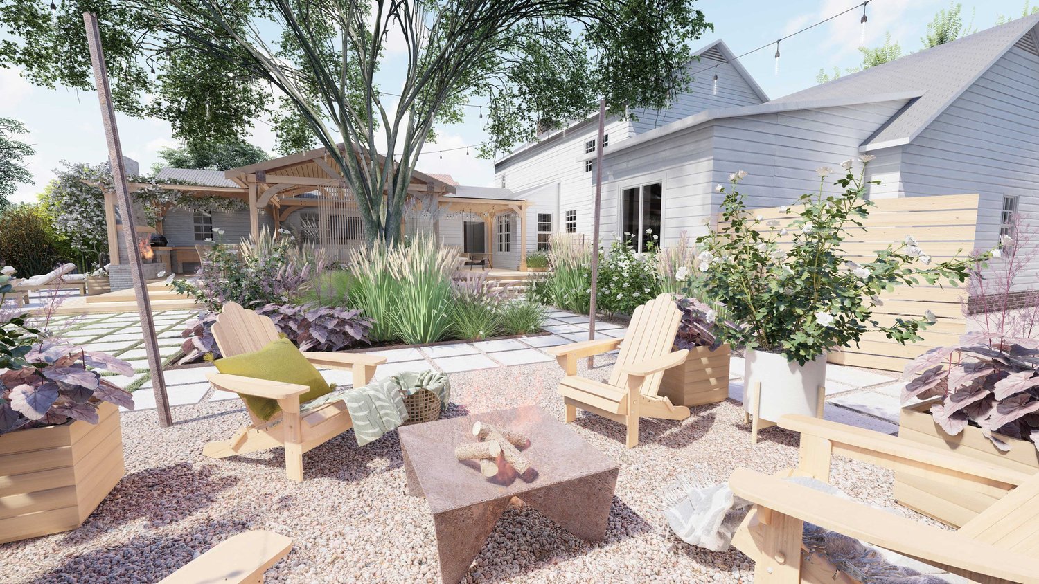 Charlotte landscape design24 Charlotte outdoor fire pit seating area with plants and trees