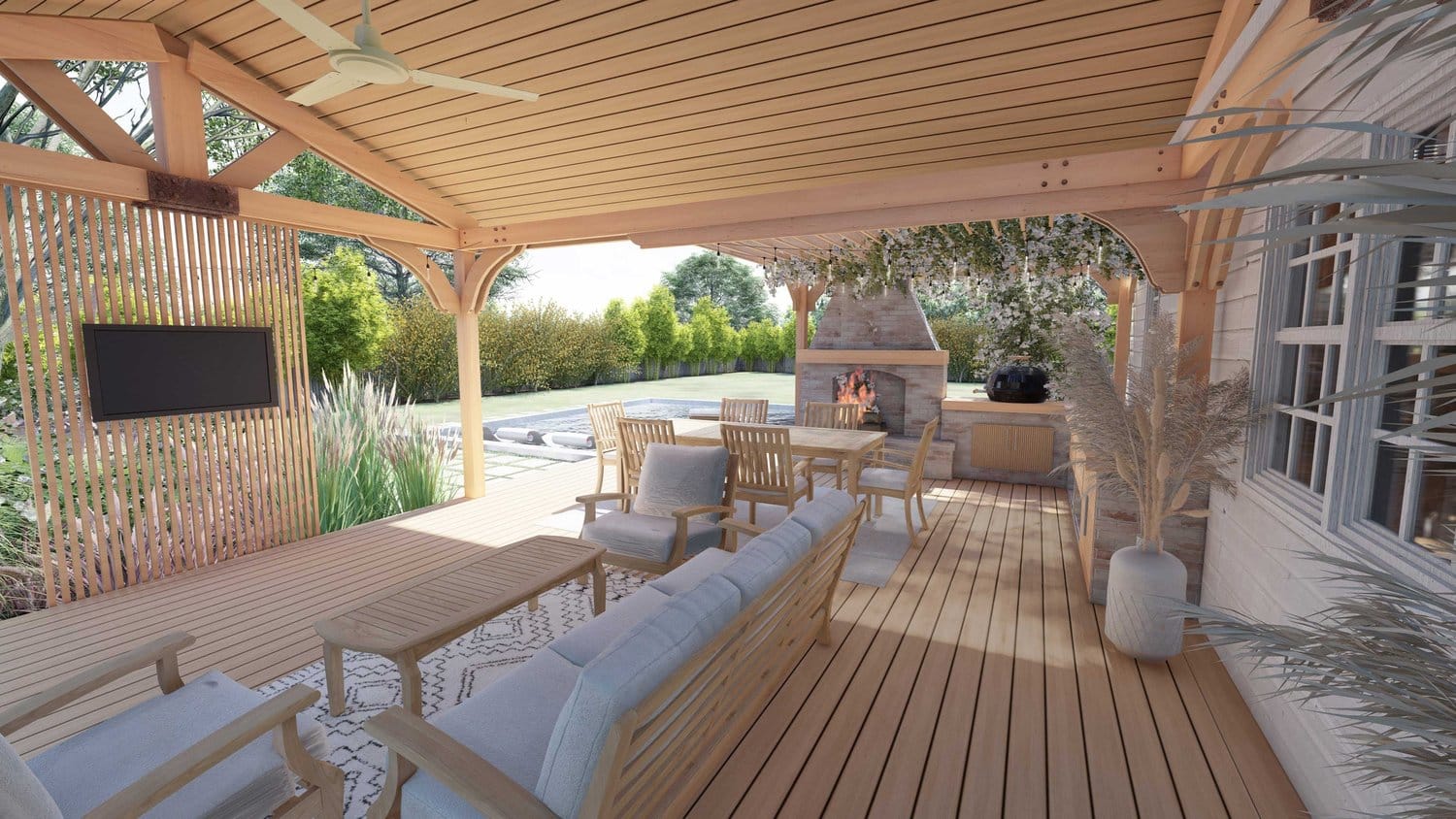 test caption Charlotte patio with pergola over lounging and dining area, with an outdoor fire pit