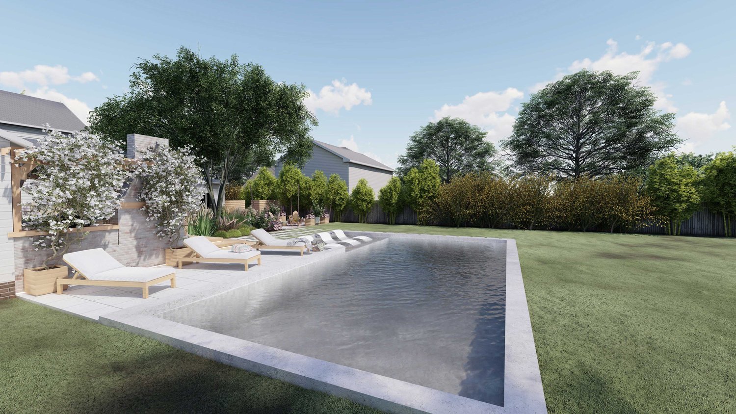 test caption Charlotte outdoor pool with sun lounger set, lawn with trees and plants