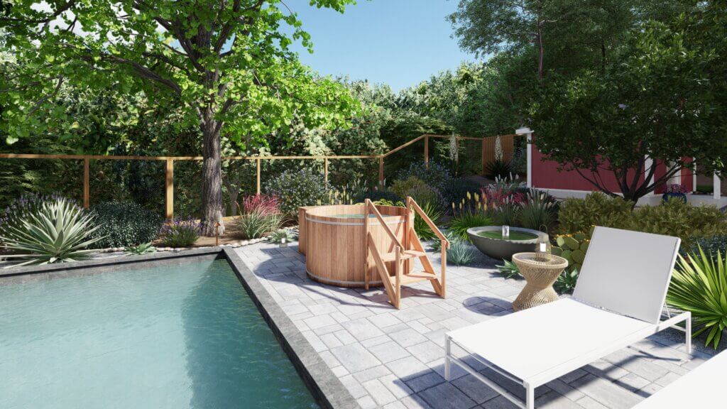 cold plunge tub on a poolside patio in a Cupertino landscape design cold plunge tub on a poolside patio in a Cupertino landscape design