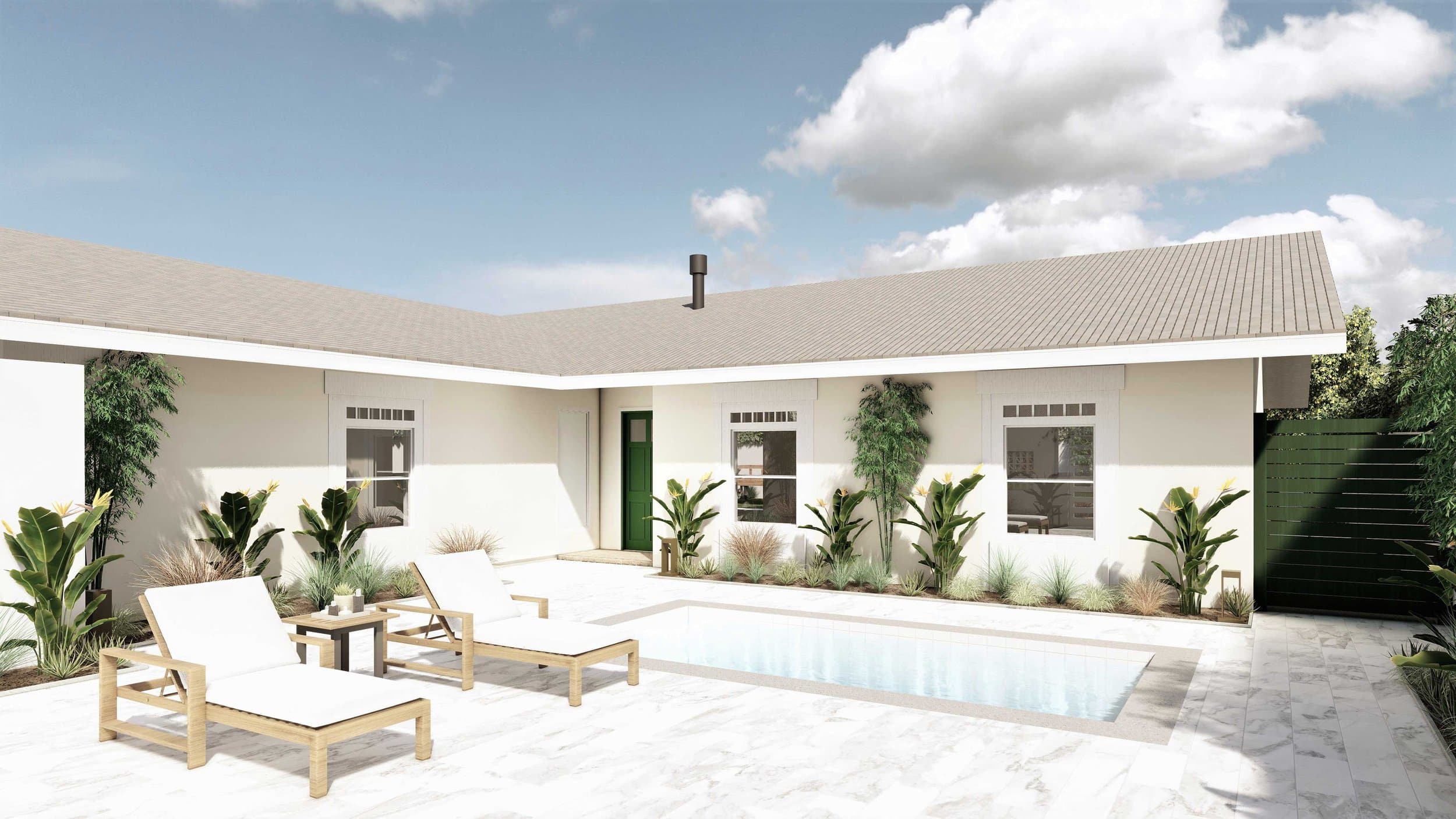 Back Yard Design with Plunge Pool and Hardscaping in Huntington Beach, CA backyard with pool, stone patio, and outdoor lounge chairs