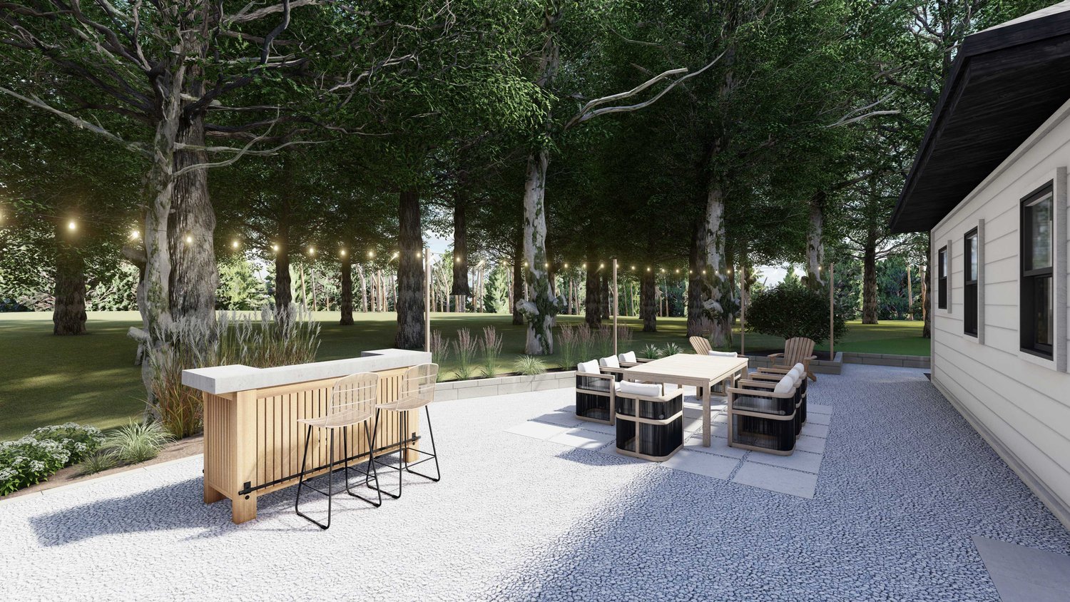 Close up of Joliet backyard with concrete floor and patio surrounded by trees and plants