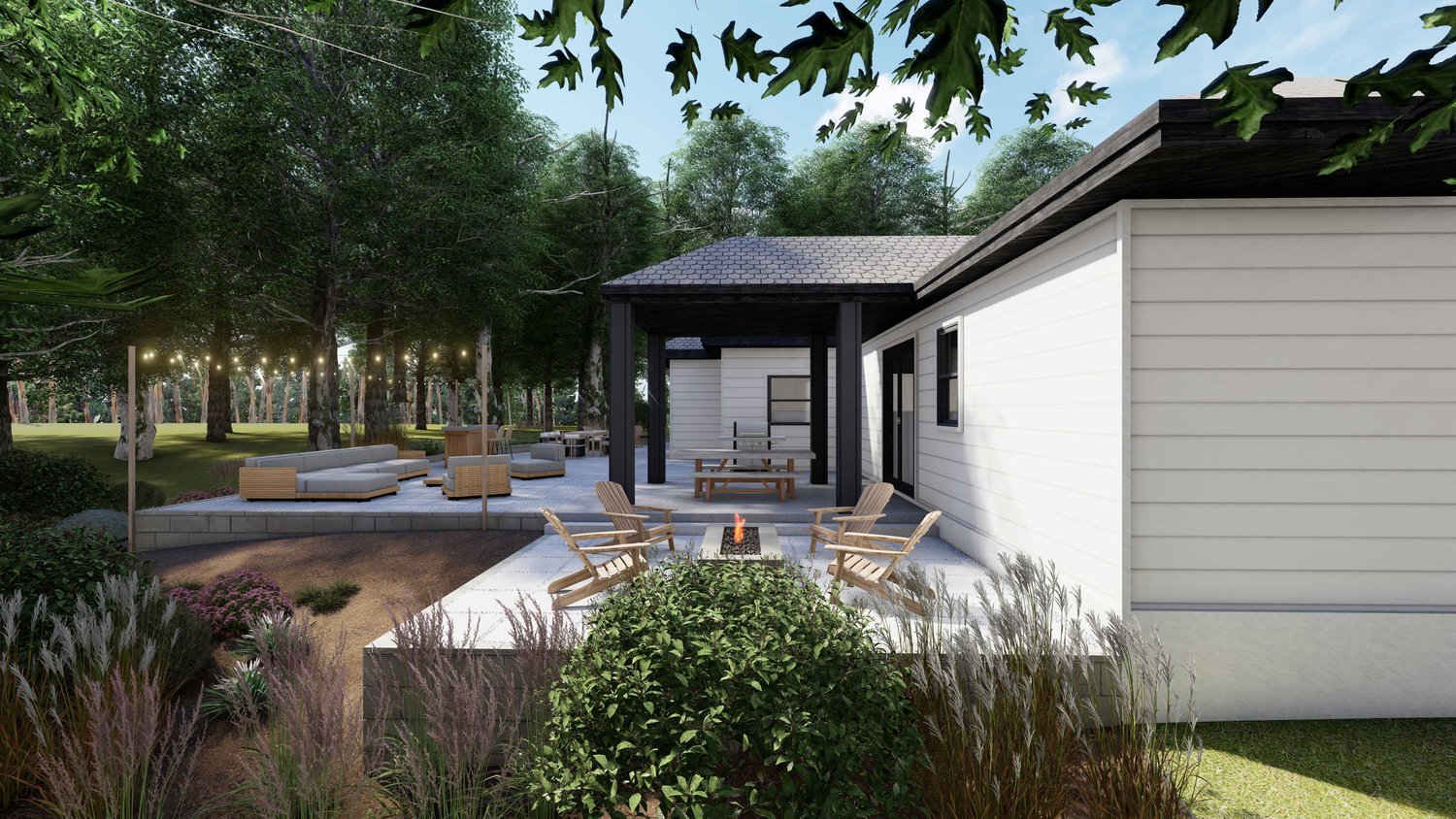 Joliet backyard with concrete floor and fire pit, patio surrounded by trees and plants