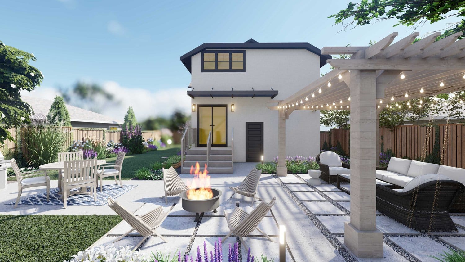 Joliet backyard with patio and trellis with hanging lights