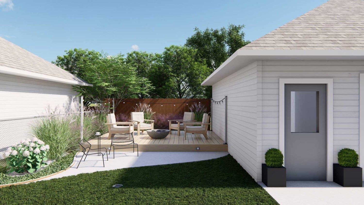 Joliet side yard with patio, fire pit, deck and lawn