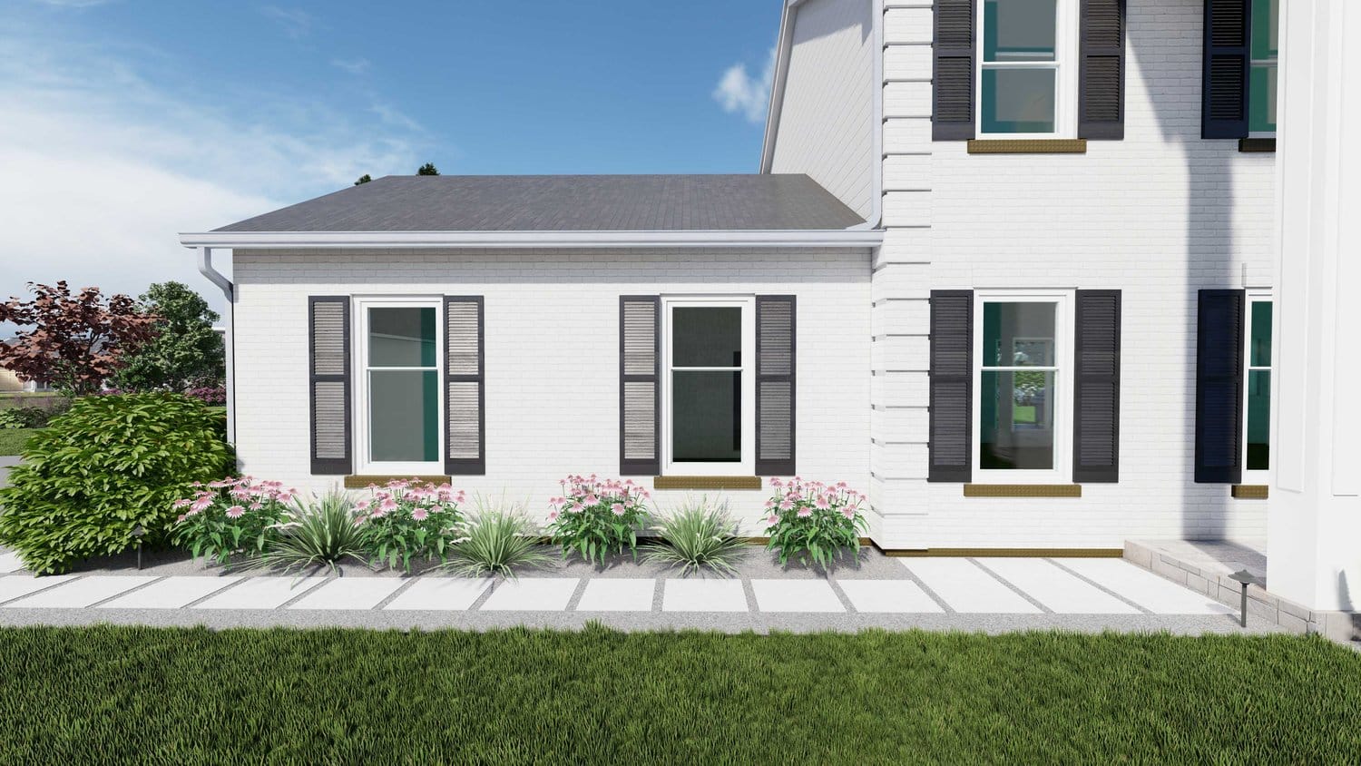 Close up of Joliet front yard with lawn concrete floor and plants