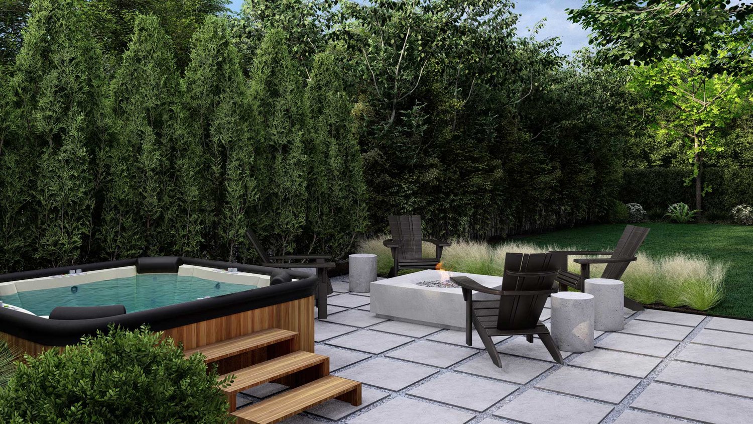 Joliet yard with patio, fire pit and hot tub
