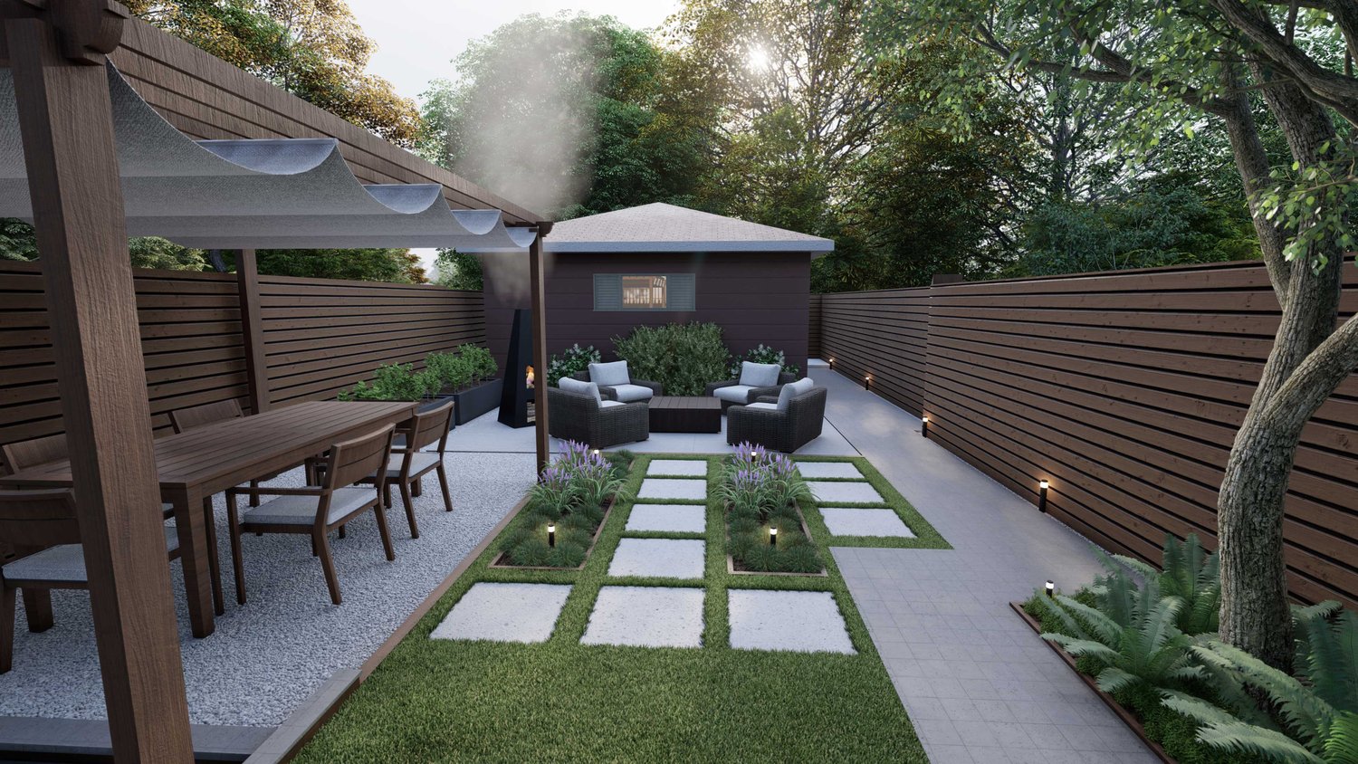 Close up of Joliet wooden fenced yard with patio, dining area with pergola and gravel floors and some grass