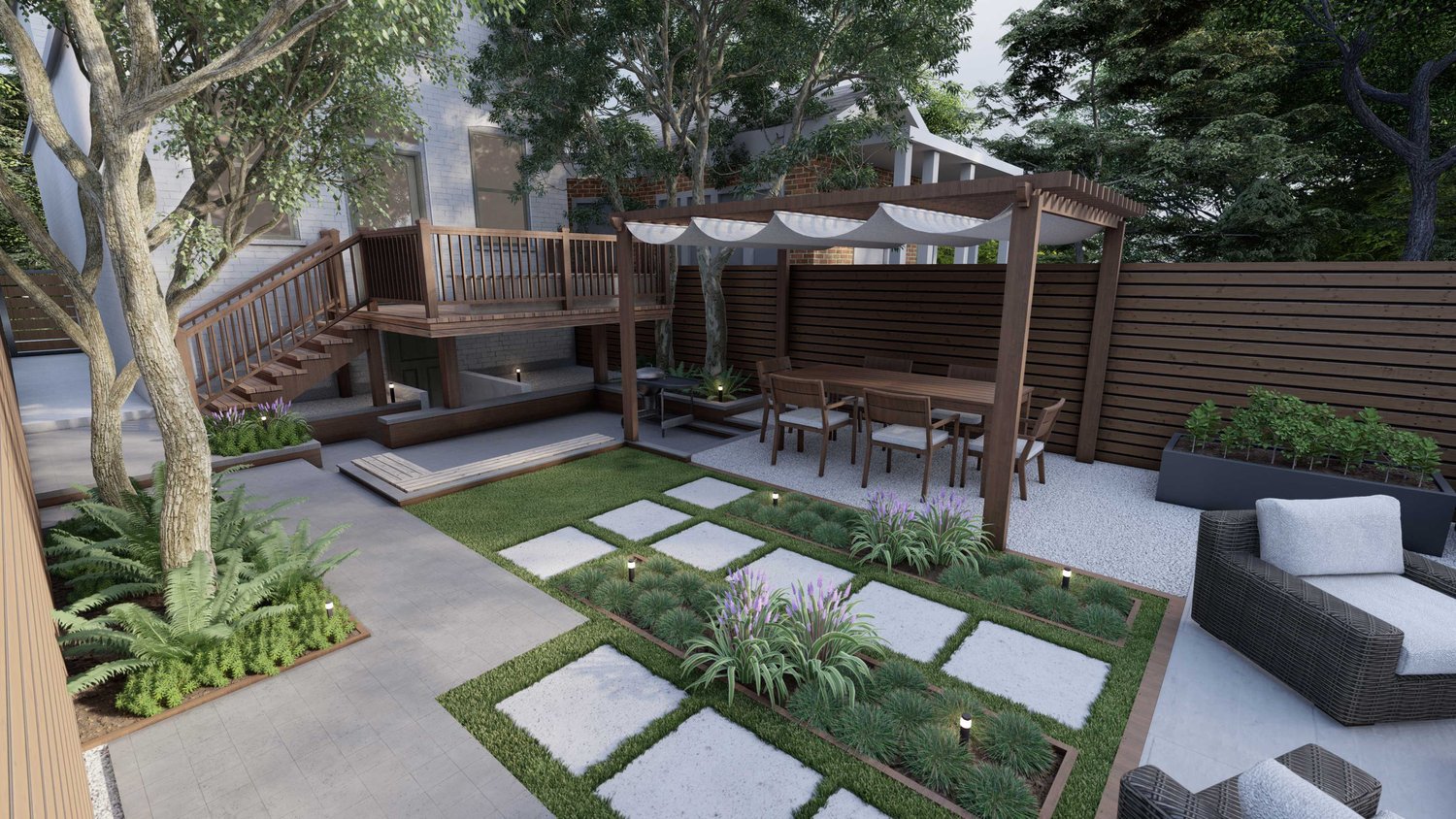 Joliet wooden fenced yard with patio, dining area with pergola and gravel floors, some grass and outdoor lights
