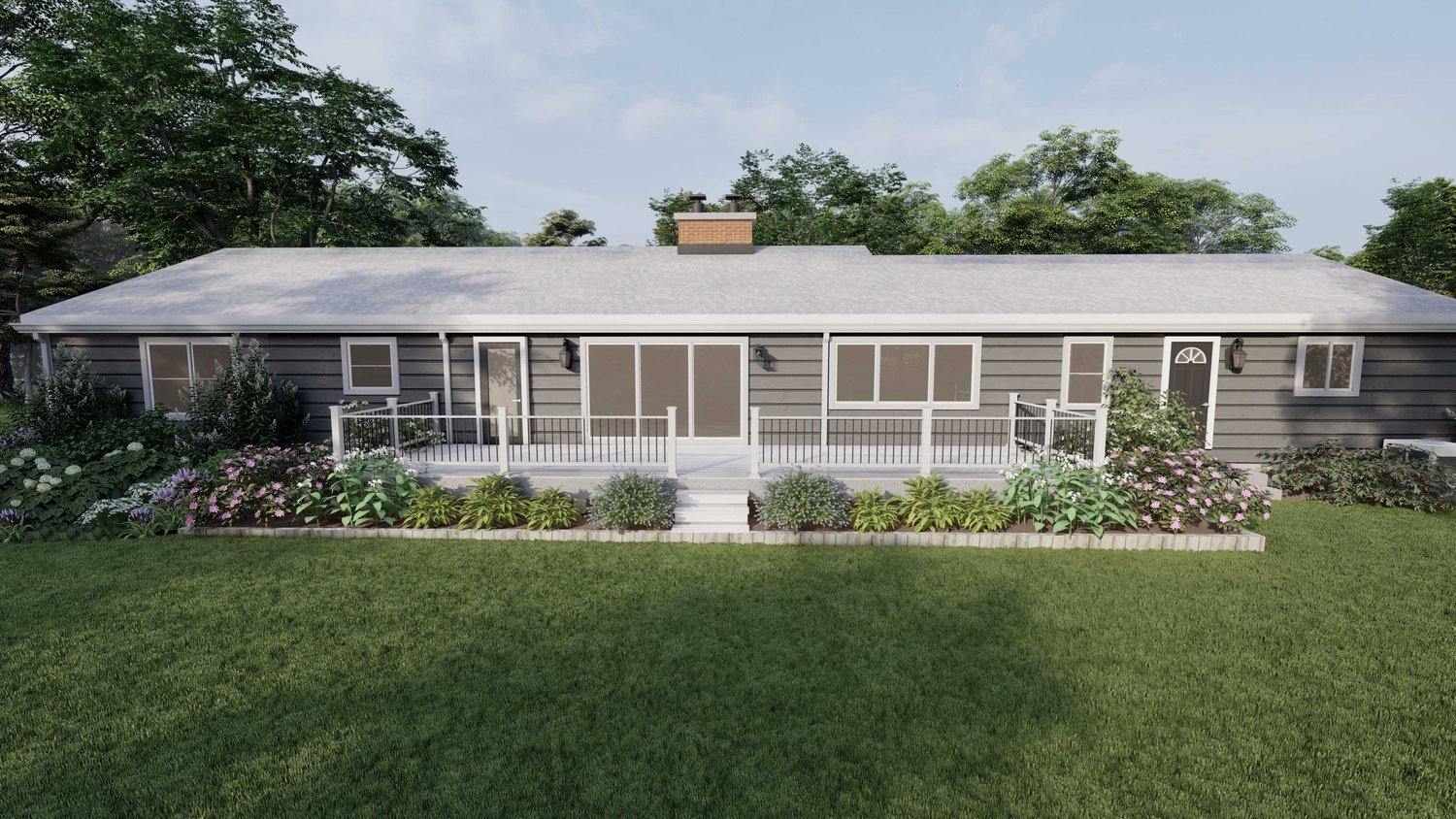 Joliet yard with well maintained lawn and flowers on the front porch