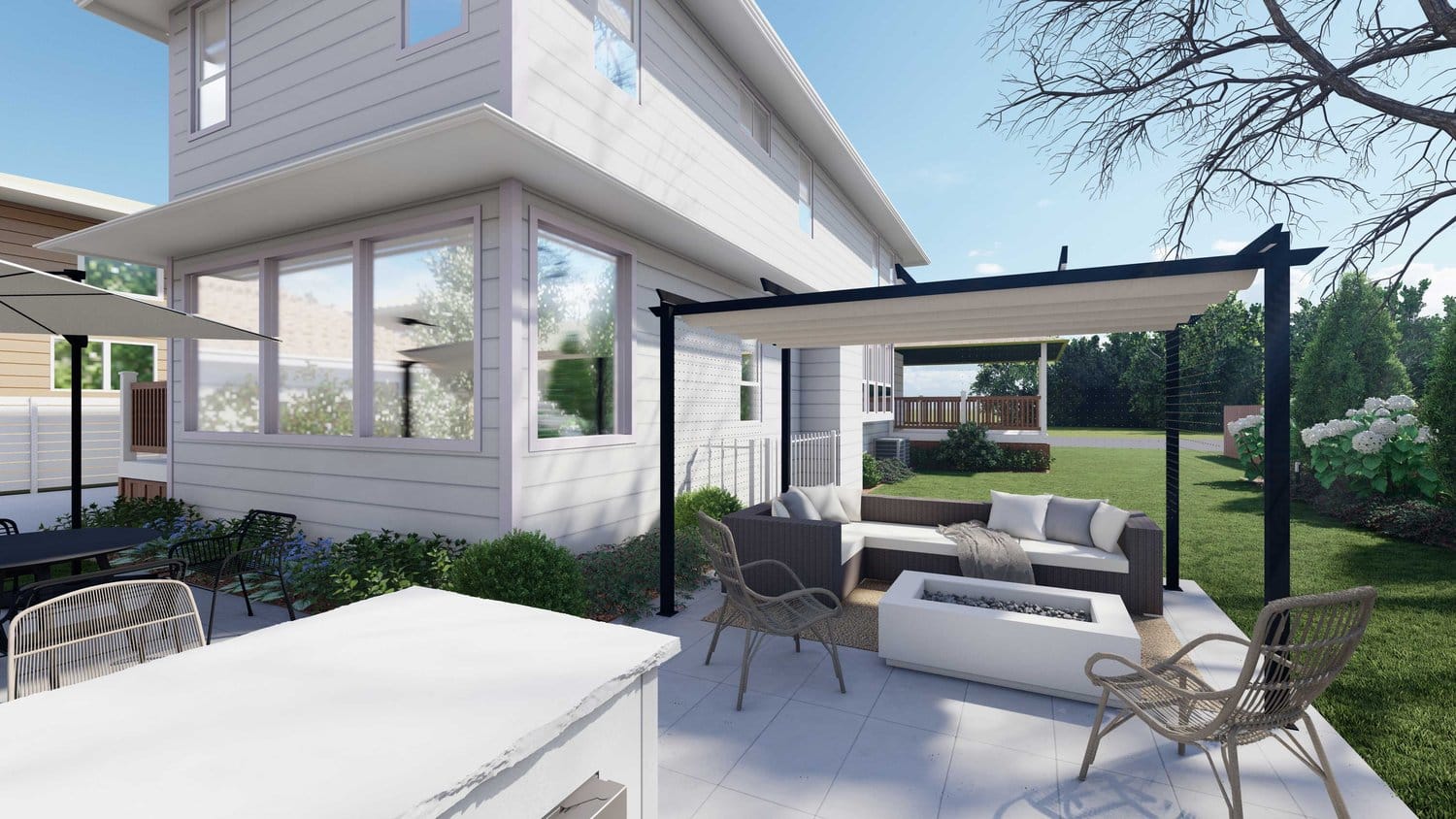 Joliet yard with patio and fire pit on concrete floor