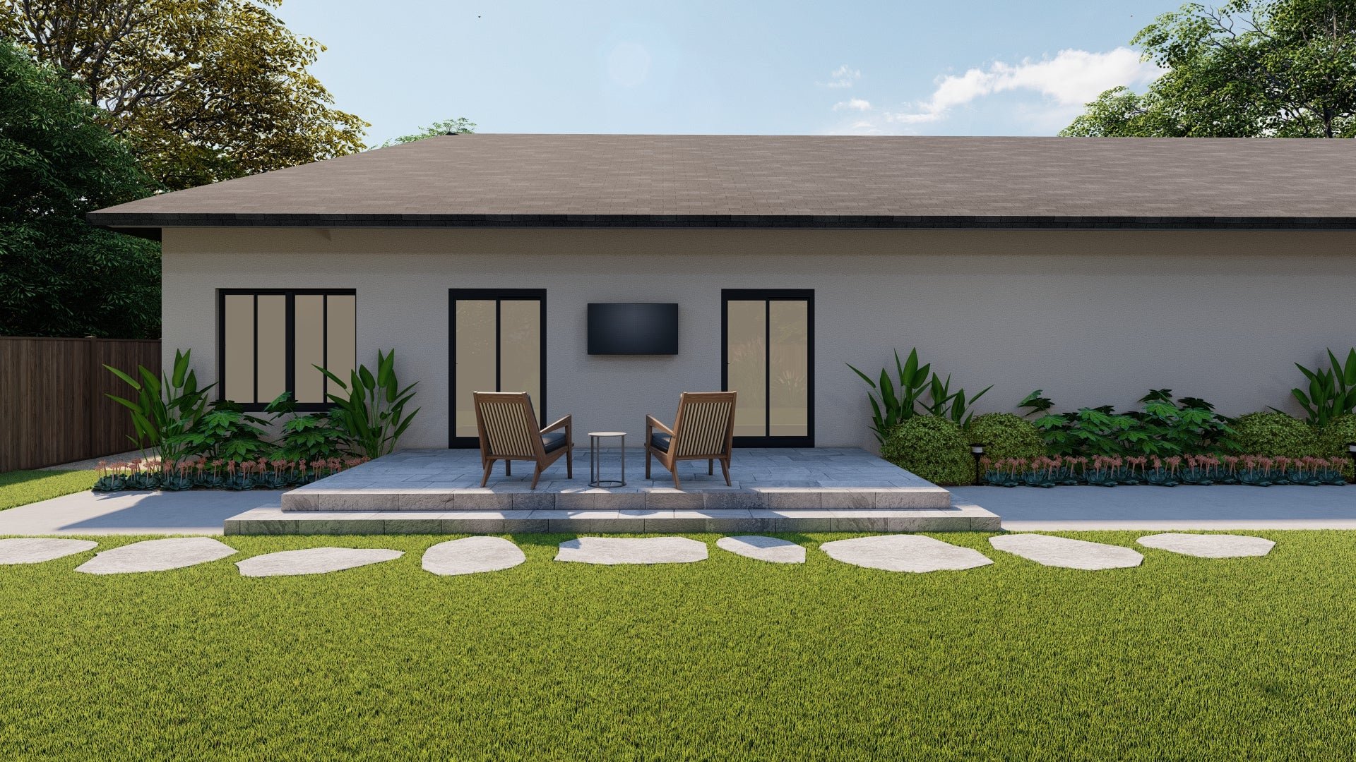 3D rendering of stone patio at the back of the home with two chairs facing a wall-mounted outdoor TV