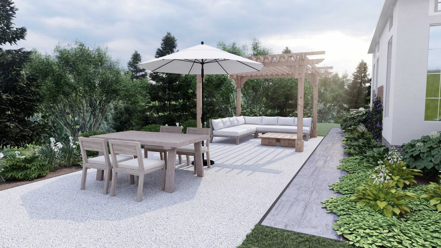 Milwaukee outdoor seating area with sunbrella and pergola