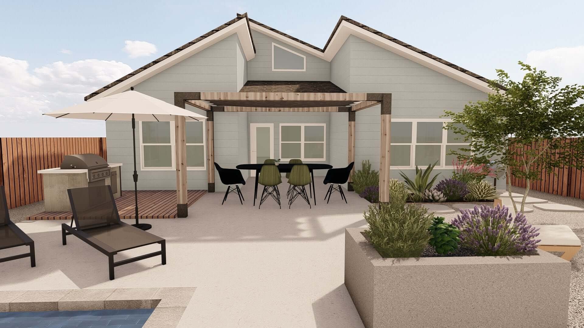  Keeping cool is a must in Austin. This design presents several options: a pergola canopy, dappled tree shade, a moveable umbrella, or a dip in the pool. 