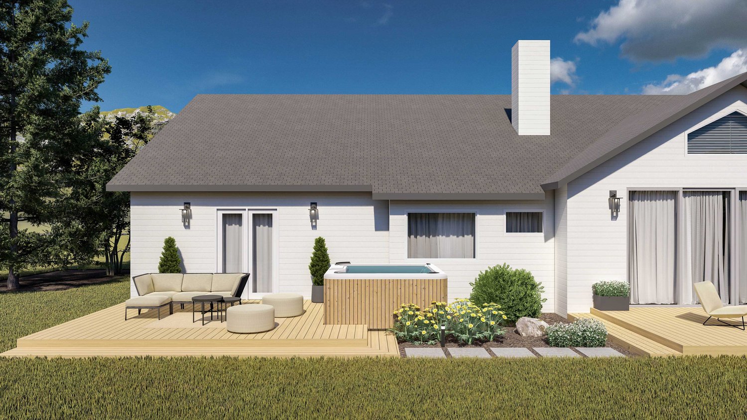 Park City backyard with lawn, deck patio seating area, hot tub and plant section