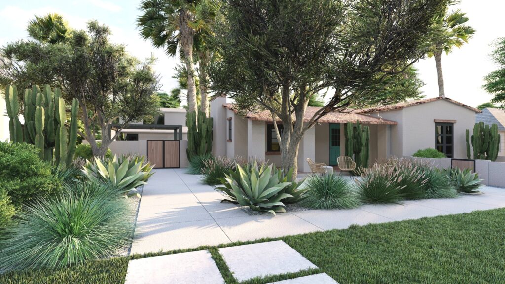 Yardzen 3D render of front yard succulent garden of Spanish-style home Yardzen 3D render of front yard succulent garden of Spanish-style home
