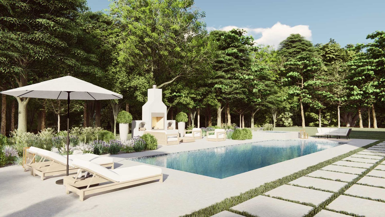 Potomac yard with pool, lounge chairs and pavers
