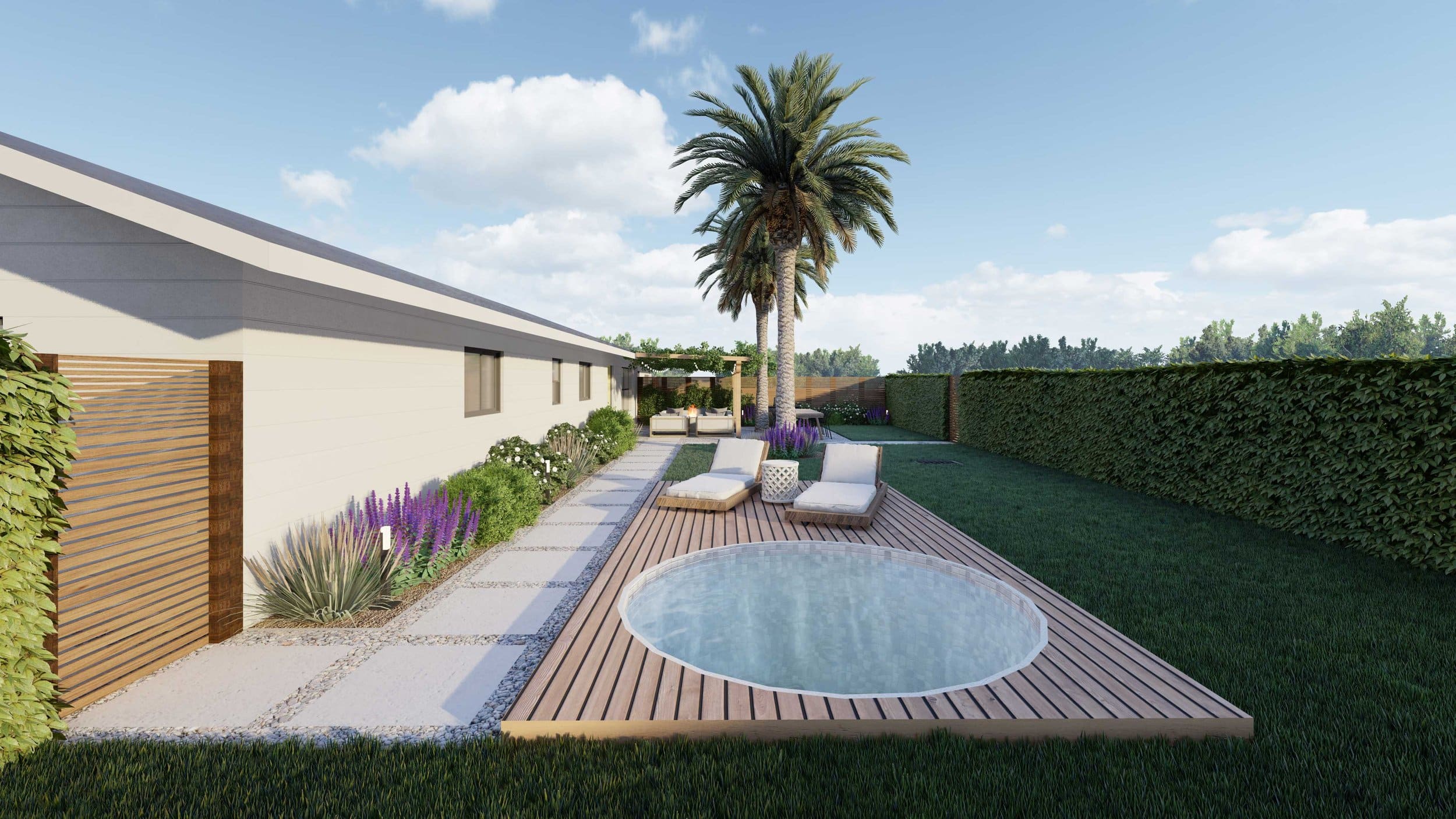 Test In-deck stock tank pool with loungers next to concrete paver walkway