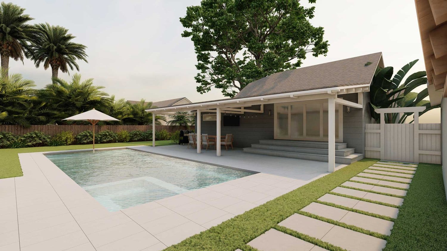 Tampa backyard showing sunbrella in in-ground pool with paver deck and paver part in side lawn