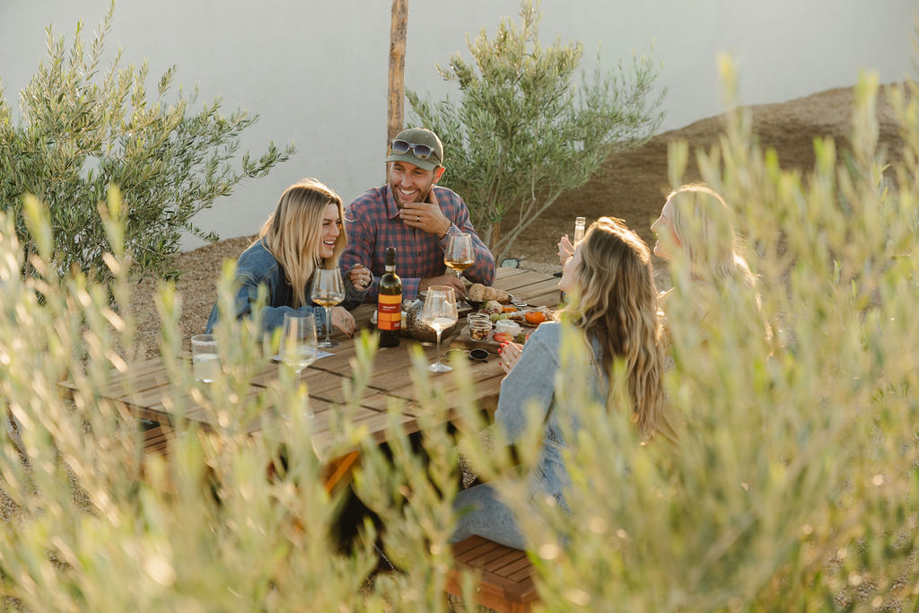 Four adults enjoying drinks and charcuterie at a picnic-style table