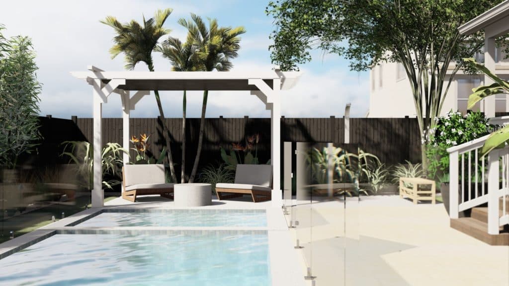 Yardzen render of pool with pergola covered outdoor seating in backyard