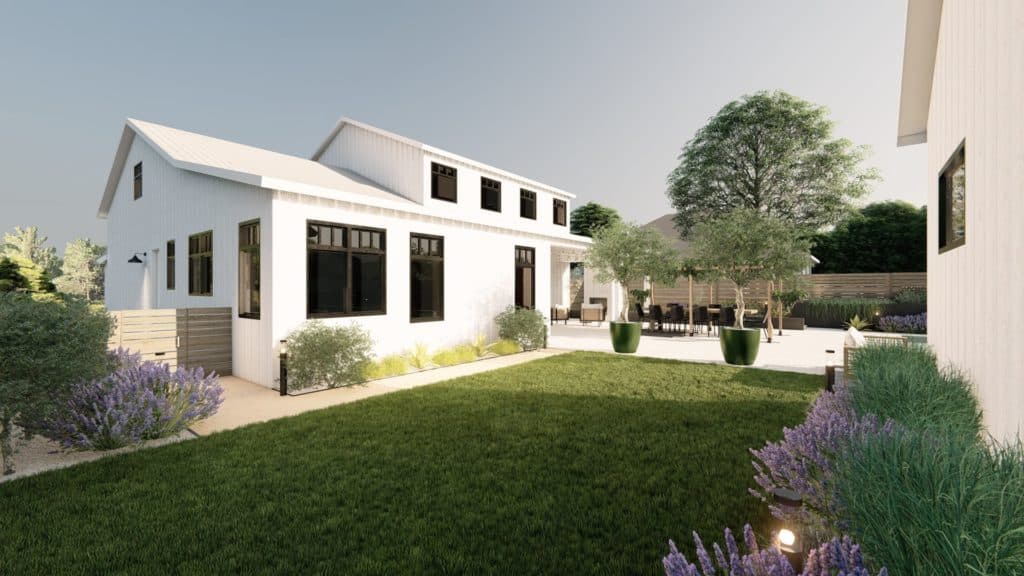 Yardzen render of ADU landscaping filled with olive trees and bushes and lavender. Grass area is separated from pool deck and outdoor dining area with large potted olive trees.