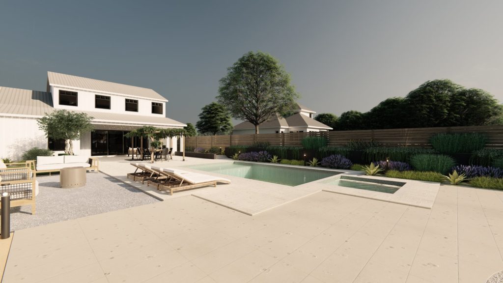 Yardzen render looking from the back of the property out onto the pool deck and firepit seating area. The pergola with outdoor dining table can be seen in the background.
