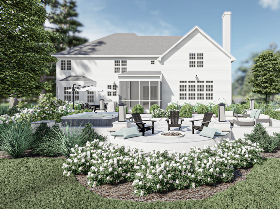 3D backyard design render with stunning white home, stylish fire pit seating area, and planting beds with flowering plants. 3D backyard design render with stunning white home, stylish fire pit seating area, and planting beds with flowering plants.