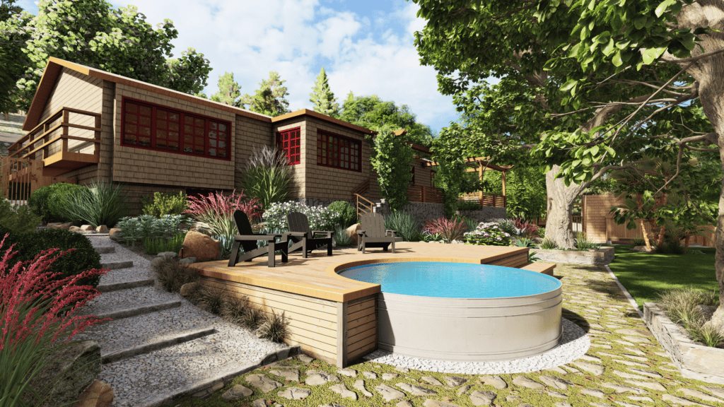 Yardzen design render with hot tub, deck and lush backyard plantings Yardzen design render with hot tub, deck and lush backyard plantings