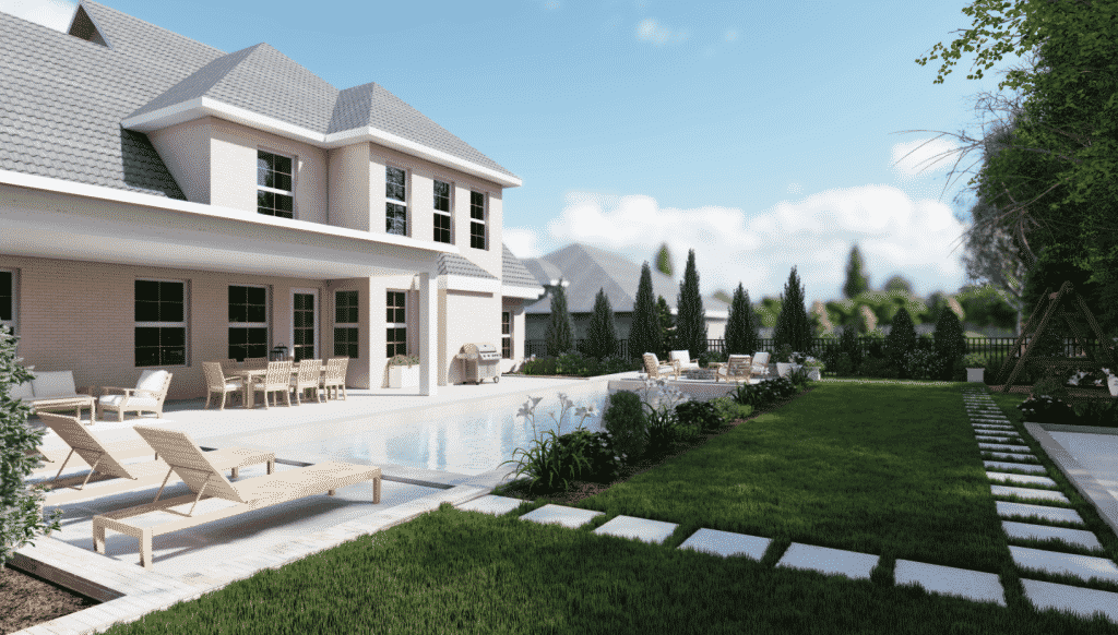 2D backyard design render with pool and concrete stepper paths cutting across lawn 2D backyard design render with pool and concrete stepper paths cutting across lawn
